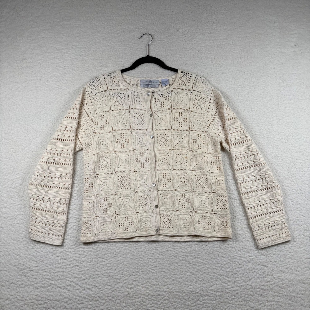 Marisa Christina Cardigan Crochet Hand Knit Button M Boho Cottagecore Coastal